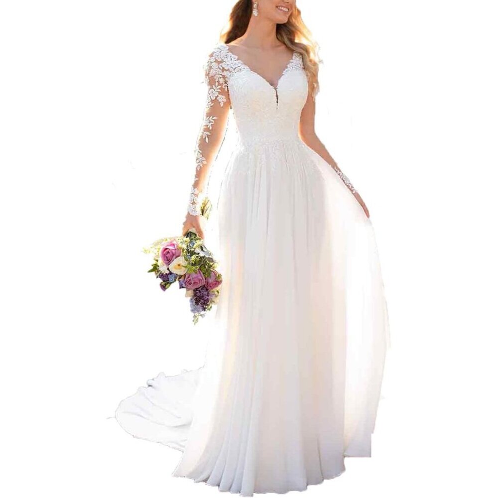 Women's Off White Chiffon A Line Long Sleeves Beach Lace Appliques Bride Dress